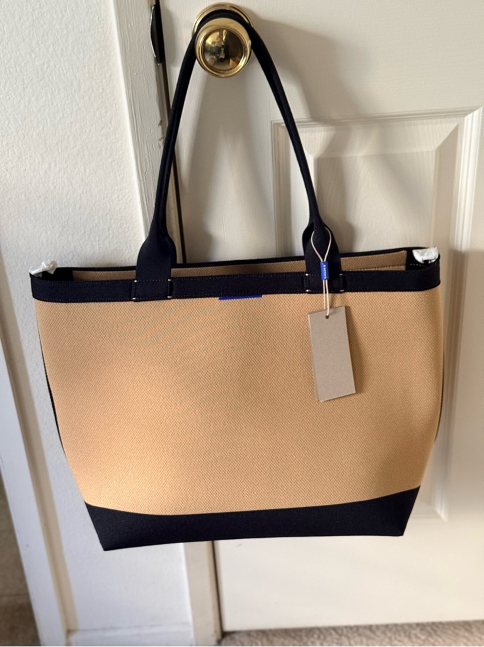 Rothy’s Lightweight Zip Tote Bag in Shortbread and Black